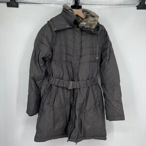 Betsey Johnson Womens Puffer Coat Jacket sz M Down Faux Fur Collar Hooded
